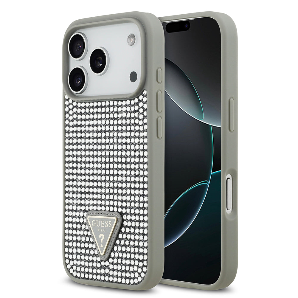 Apple iPhone 17 Pro Kılıf Guess Rhinestone Taşlı Üçgen Logolu Kapak Gümüş
