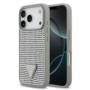 Apple iPhone 17 Pro Kılıf Guess Rhinestone Taşlı Üçgen Logolu Kapak Gümüş