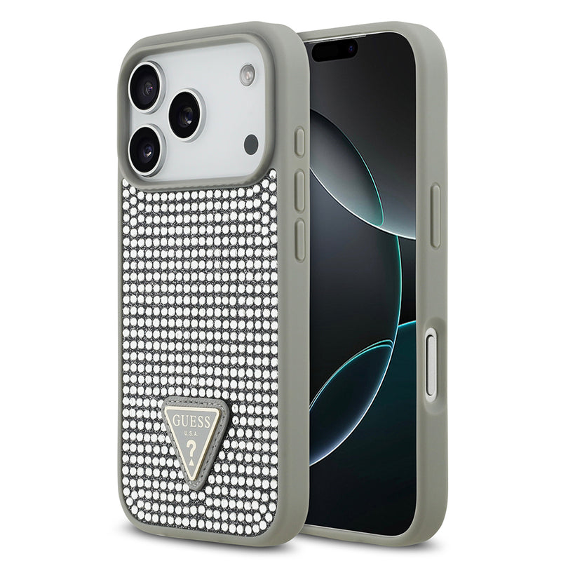 Apple iPhone 17 Pro Kılıf Guess Rhinestone Taşlı Üçgen Logolu Kapak Gümüş