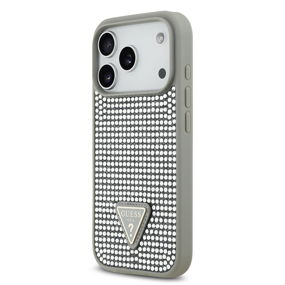 Apple iPhone 17 Pro Kılıf Guess Rhinestone Taşlı Üçgen Logolu Kapak Gümüş