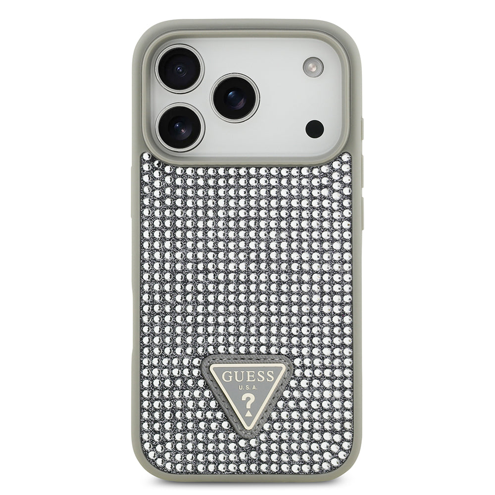Apple iPhone 17 Pro Kılıf Guess Rhinestone Taşlı Üçgen Logolu Kapak Gümüş
