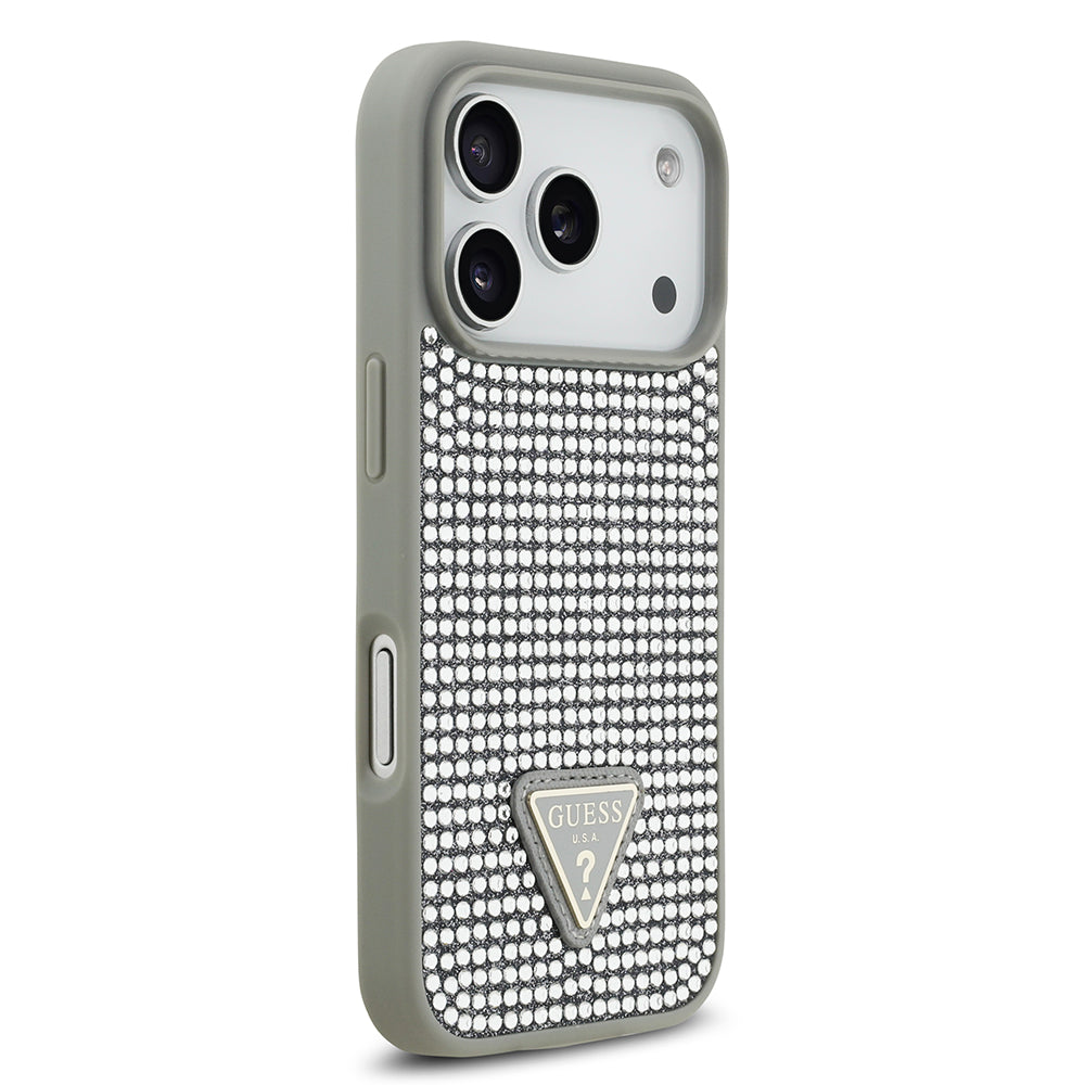 Apple iPhone 17 Pro Kılıf Guess Rhinestone Taşlı Üçgen Logolu Kapak Gümüş