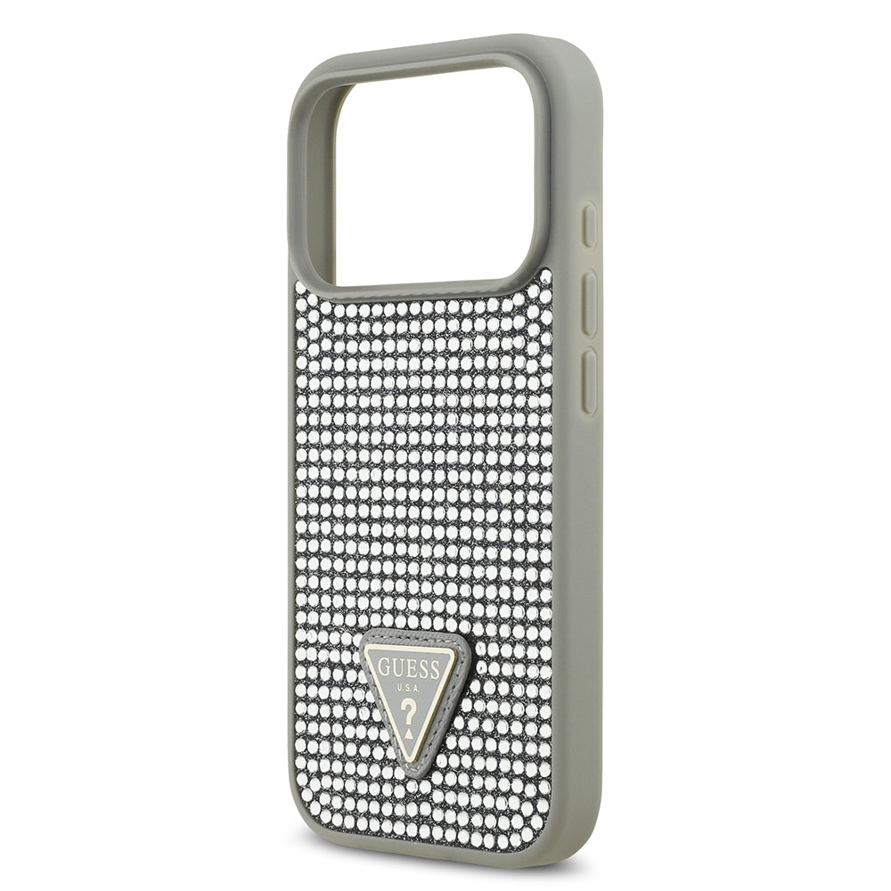Apple iPhone 17 Pro Kılıf Guess Rhinestone Taşlı Üçgen Logolu Kapak Gümüş