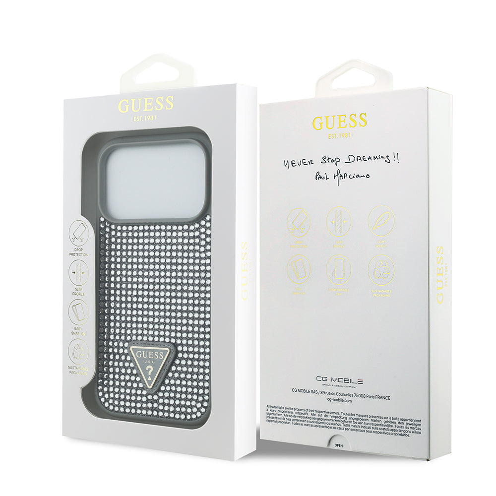 Apple iPhone 17 Pro Kılıf Guess Rhinestone Taşlı Üçgen Logolu Kapak Gümüş