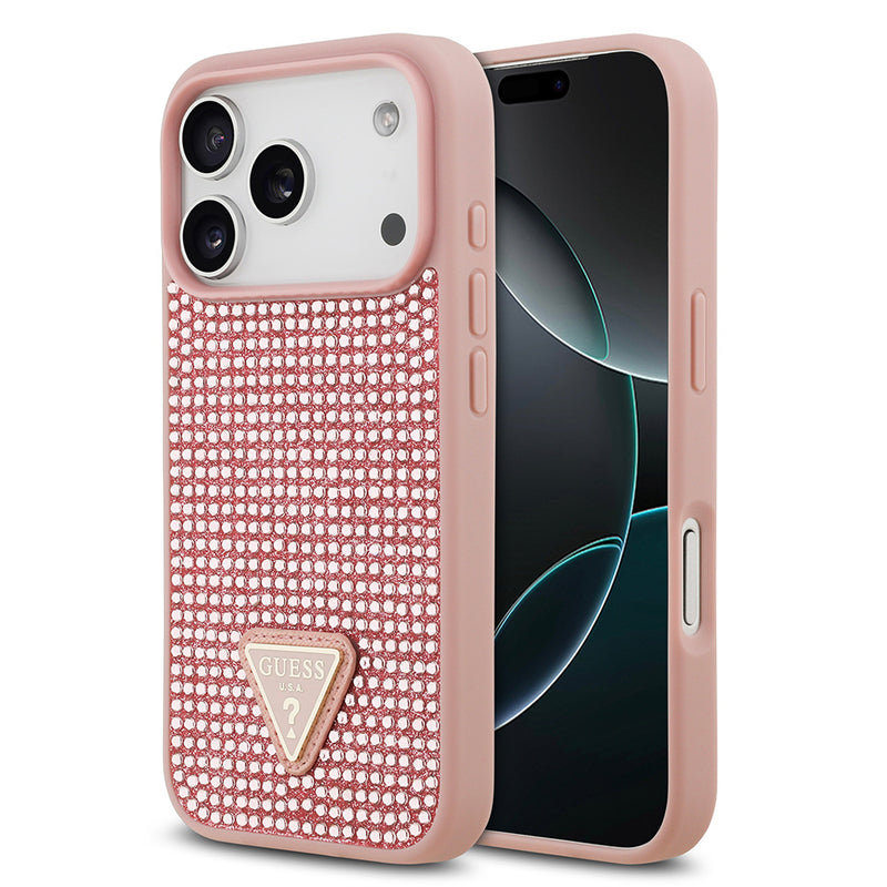 Apple iPhone 17 Pro Kılıf Guess Rhinestone Taşlı Üçgen Logolu Kapak Pembe