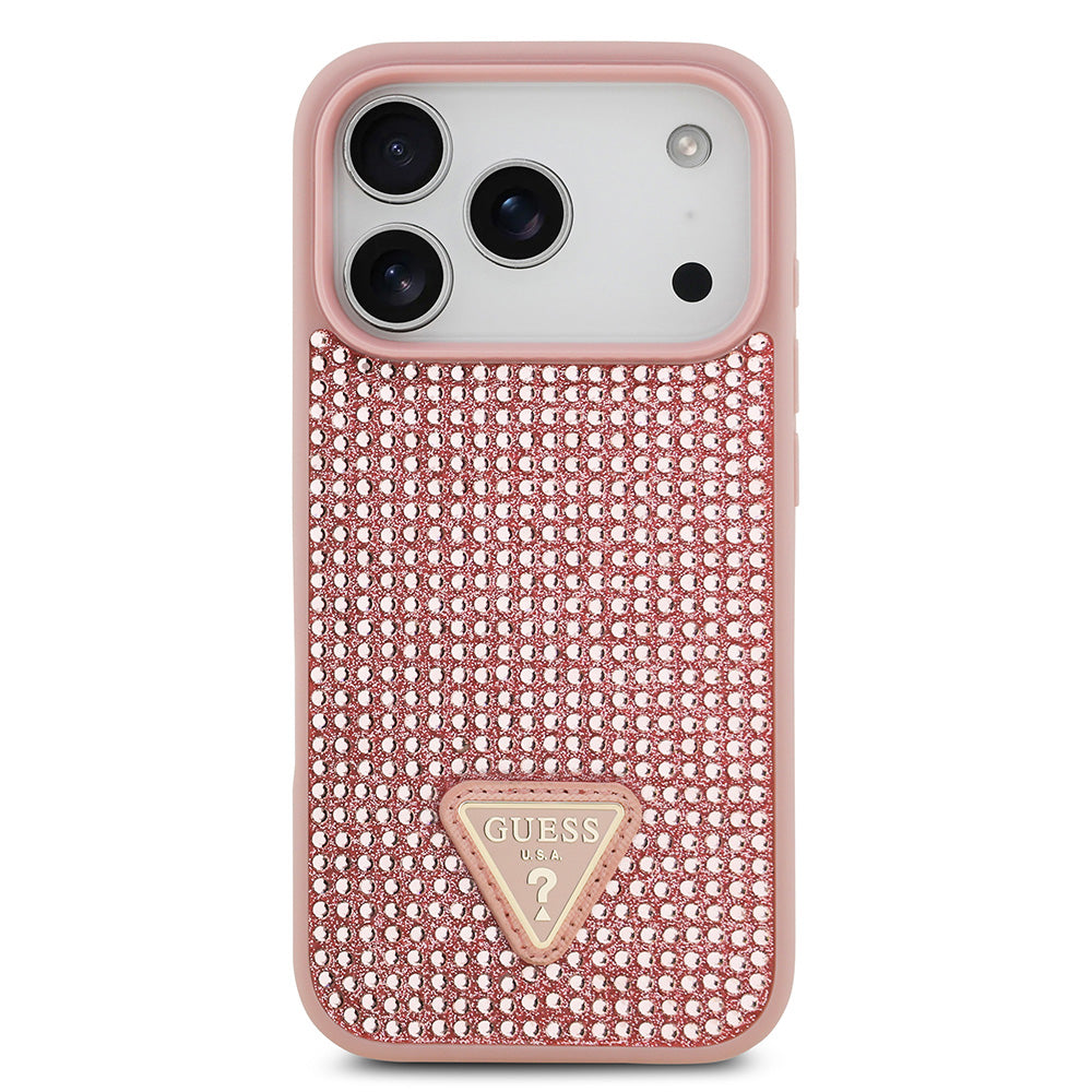 Apple iPhone 17 Pro Kılıf Guess Rhinestone Taşlı Üçgen Logolu Kapak Pembe