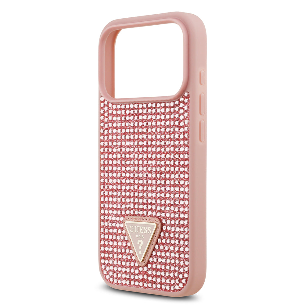 Apple iPhone 17 Pro Kılıf Guess Rhinestone Taşlı Üçgen Logolu Kapak Pembe