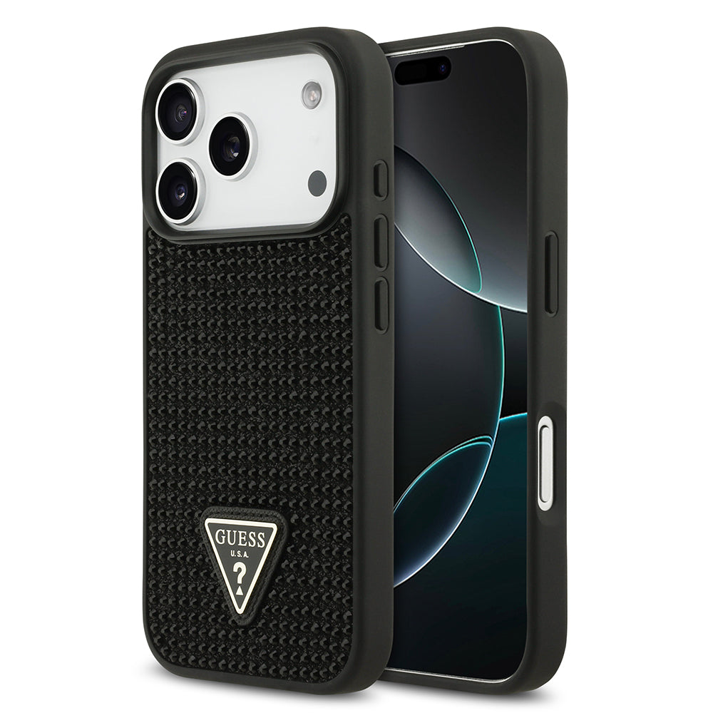 Apple iPhone 17 Pro Kılıf Guess Rhinestone Taşlı Üçgen Logolu Kapak Siyah