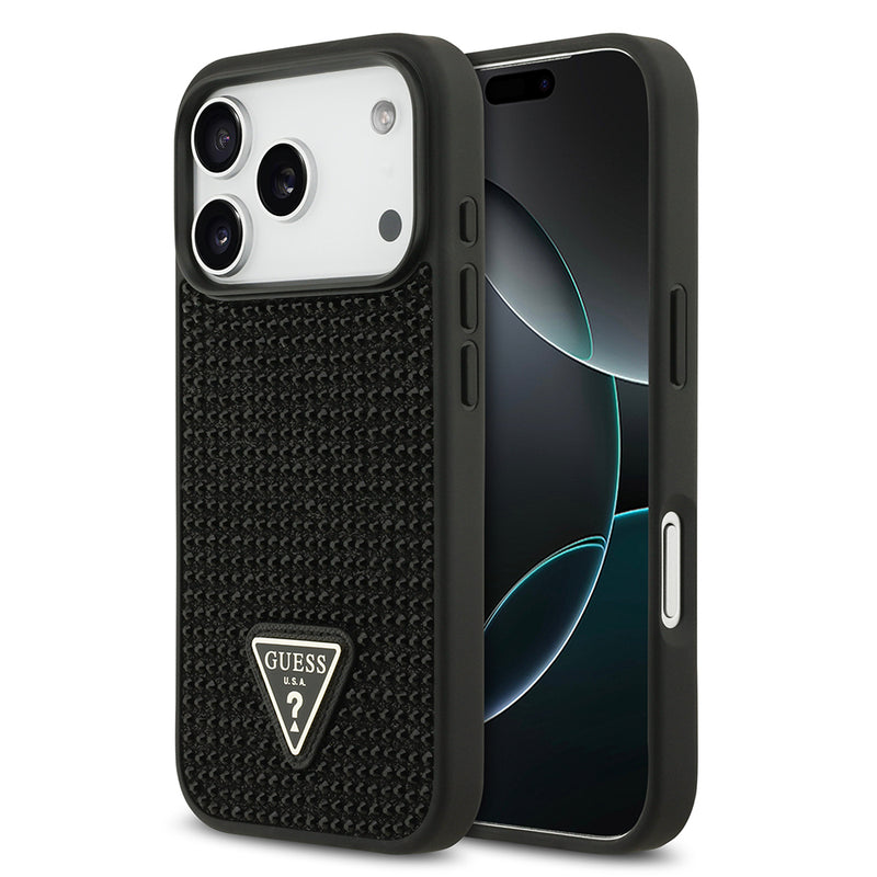 Apple iPhone 17 Pro Kılıf Guess Rhinestone Taşlı Üçgen Logolu Kapak Siyah
