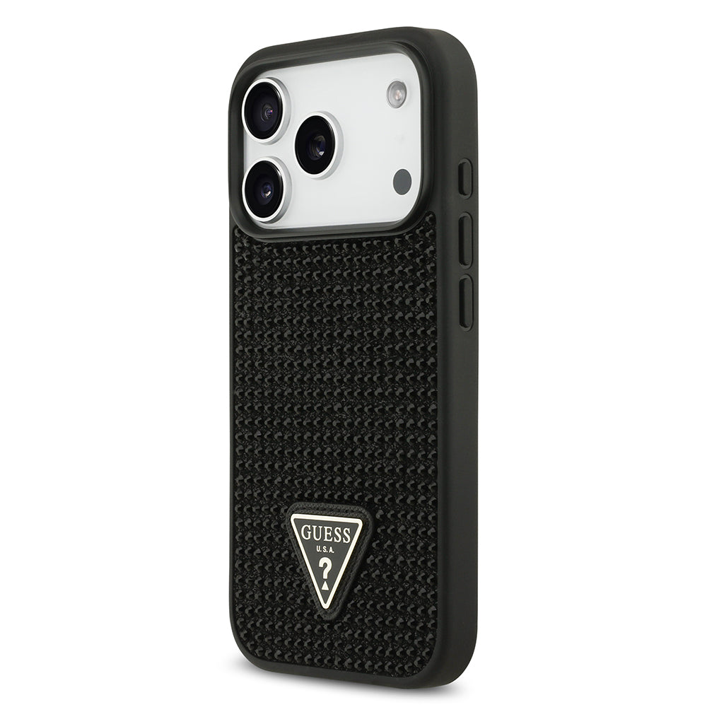 Apple iPhone 17 Pro Kılıf Guess Rhinestone Taşlı Üçgen Logolu Kapak Siyah