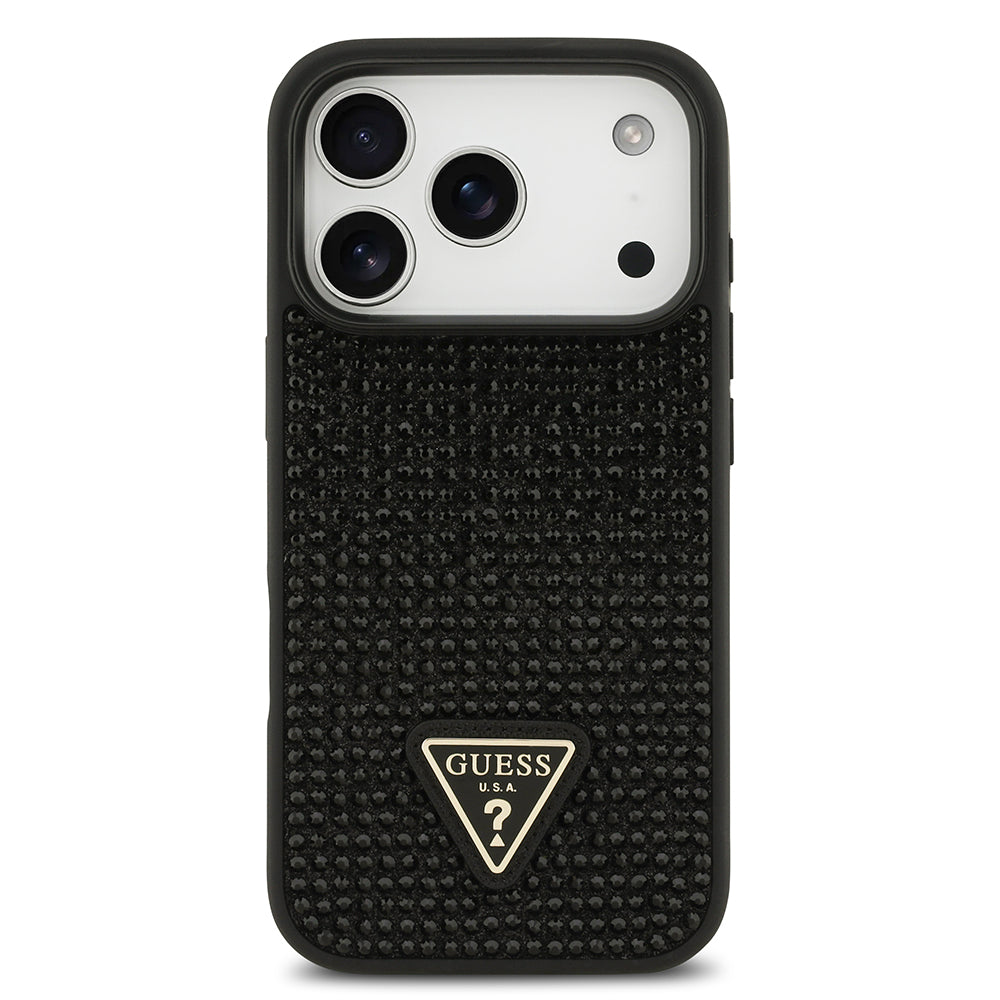 Apple iPhone 17 Pro Kılıf Guess Rhinestone Taşlı Üçgen Logolu Kapak Siyah