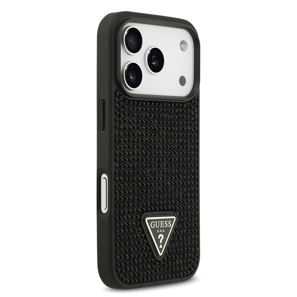 Apple iPhone 17 Pro Kılıf Guess Rhinestone Taşlı Üçgen Logolu Kapak Siyah