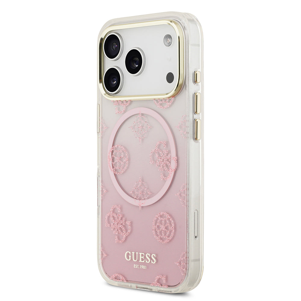 Apple iPhone 17 Pro Kılıf Guess Simli Peony Desenli M-safe Şarj Özellikli Sert Silikon Kapak Pembe