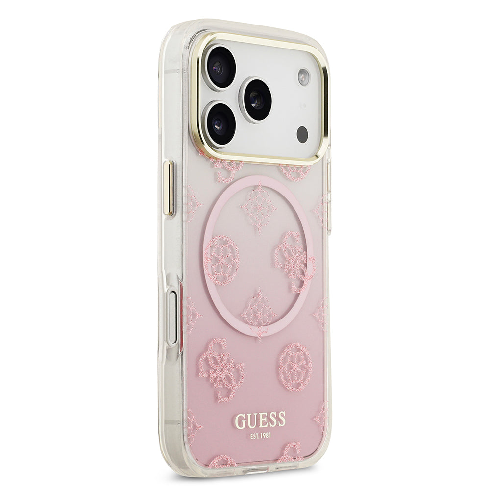 Apple iPhone 17 Pro Kılıf Guess Simli Peony Desenli M-safe Şarj Özellikli Sert Silikon Kapak Pembe