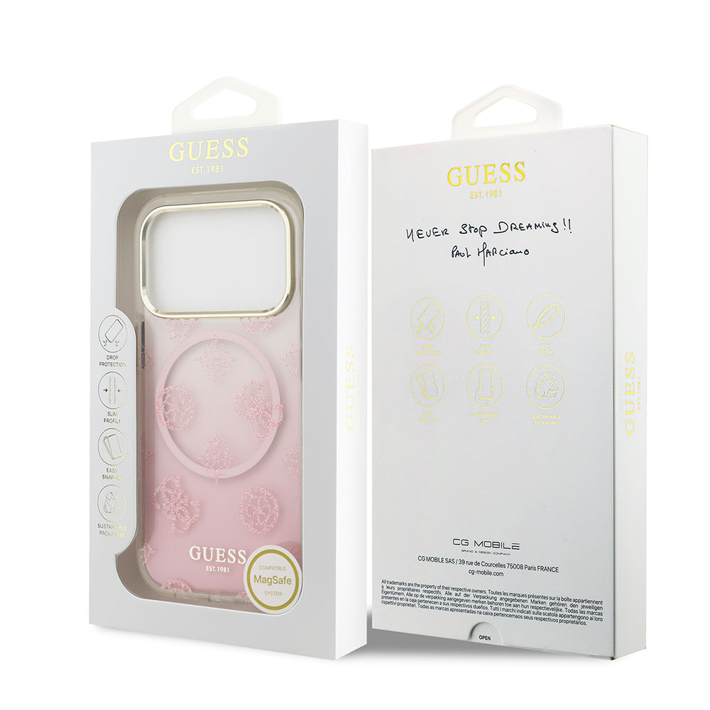 Apple iPhone 17 Pro Kılıf Guess Simli Peony Desenli M-safe Şarj Özellikli Sert Silikon Kapak Pembe