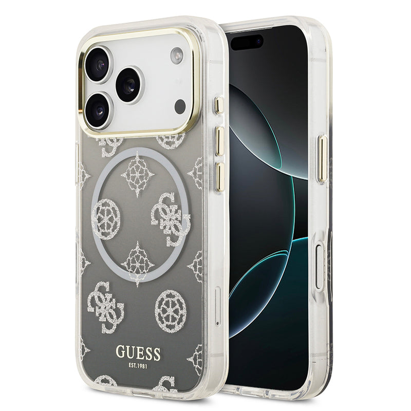 Apple iPhone 17 Pro Kılıf Guess Simli Peony Desenli M-safe Şarj Özellikli Sert Silikon Kapak Siyah