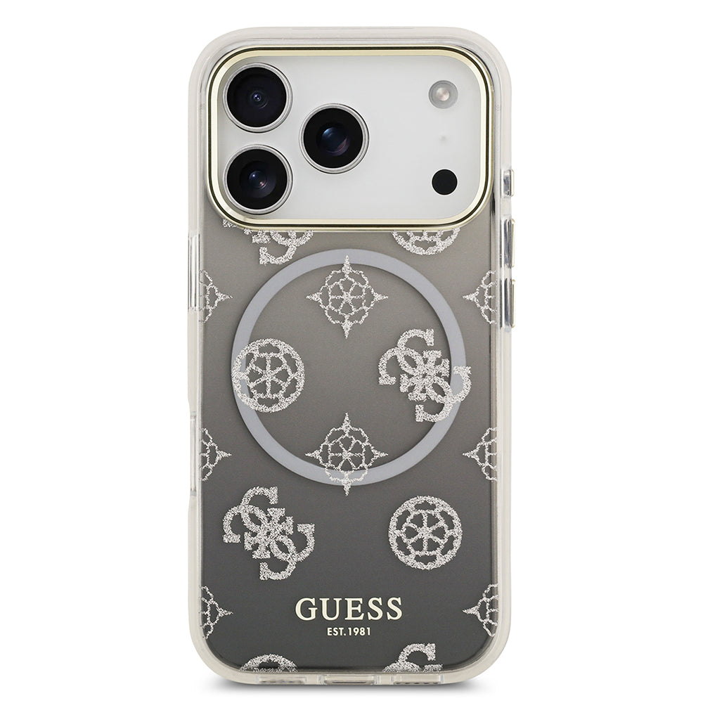 Apple iPhone 17 Pro Kılıf Guess Simli Peony Desenli M-safe Şarj Özellikli Sert Silikon Kapak Siyah