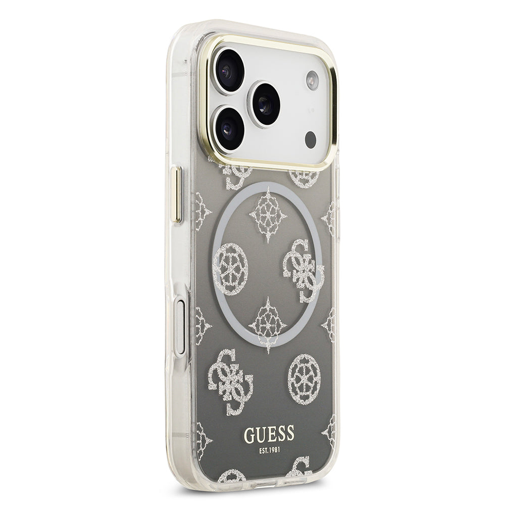 Apple iPhone 17 Pro Kılıf Guess Simli Peony Desenli M-safe Şarj Özellikli Sert Silikon Kapak Siyah