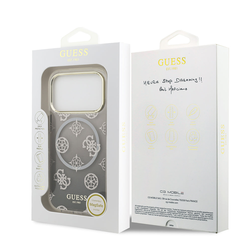 Apple iPhone 17 Pro Kılıf Guess Simli Peony Desenli M-safe Şarj Özellikli Sert Silikon Kapak Siyah