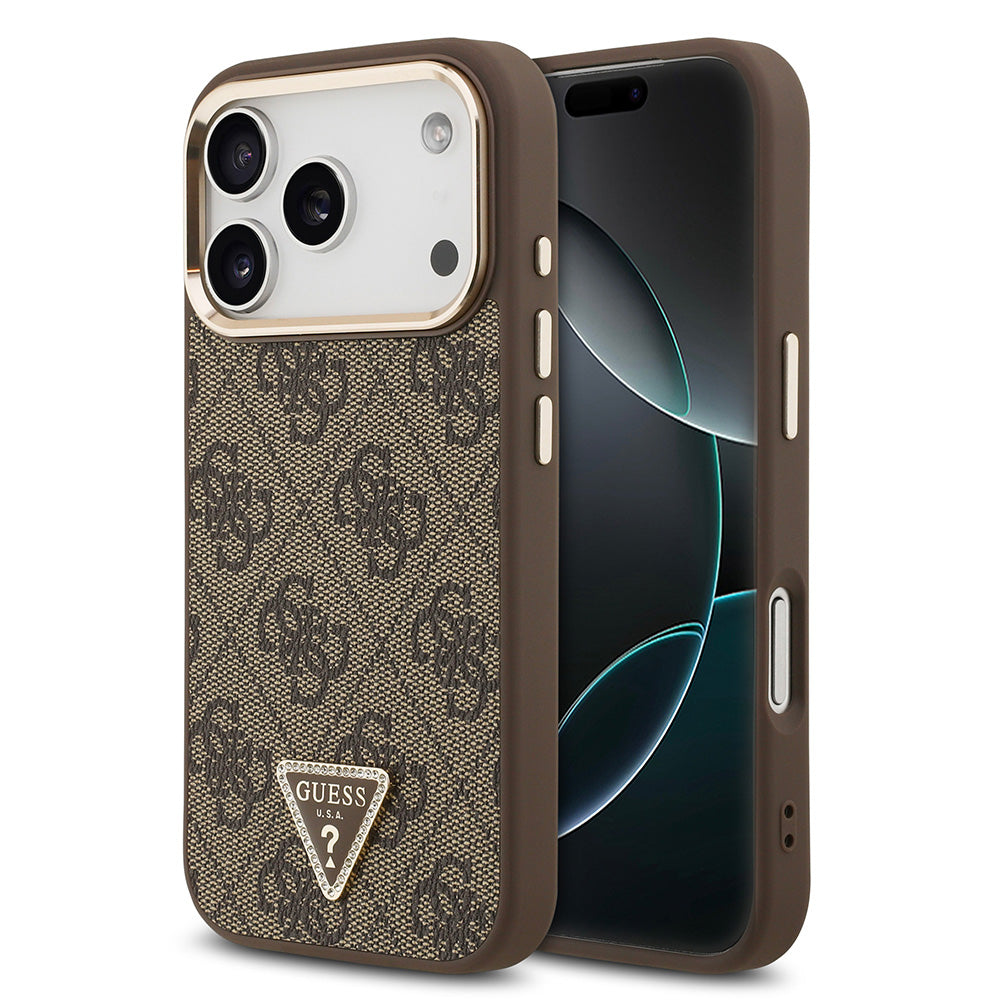 Apple iPhone 17 Pro Kılıf M-Safe Şarj Özellikli Guess Gold Metal Kamera Çerçeveli Taşlı Üçgen Logolu Kapak Kahverengi
