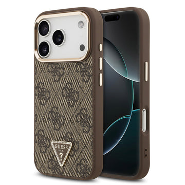 Apple iPhone 17 Pro Kılıf M-Safe Şarj Özellikli Guess Gold Metal Kamera Çerçeveli Taşlı Üçgen Logolu Kapak Kahverengi