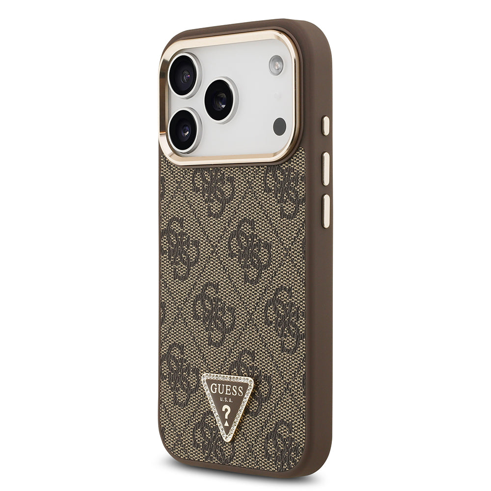 Apple iPhone 17 Pro Kılıf M-Safe Şarj Özellikli Guess Gold Metal Kamera Çerçeveli Taşlı Üçgen Logolu Kapak Kahverengi