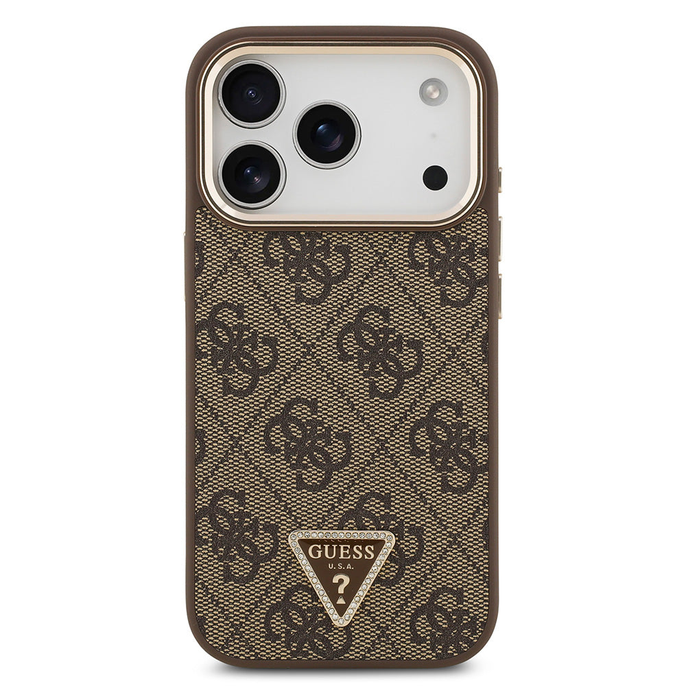 Apple iPhone 17 Pro Kılıf M-Safe Şarj Özellikli Guess Gold Metal Kamera Çerçeveli Taşlı Üçgen Logolu Kapak Kahverengi