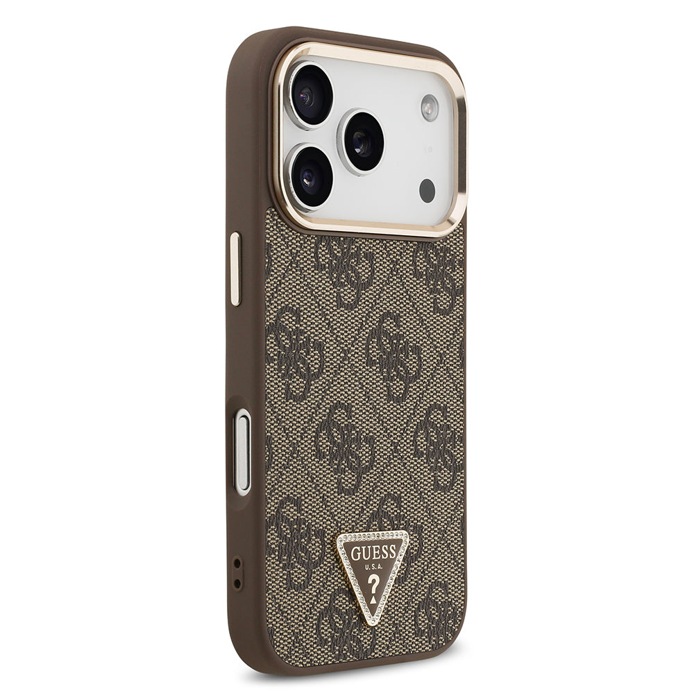 Apple iPhone 17 Pro Kılıf M-Safe Şarj Özellikli Guess Gold Metal Kamera Çerçeveli Taşlı Üçgen Logolu Kapak Kahverengi