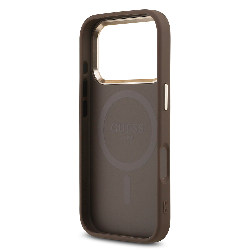 Apple iPhone 17 Pro Kılıf M-Safe Şarj Özellikli Guess Gold Metal Kamera Çerçeveli Taşlı Üçgen Logolu Kapak Kahverengi