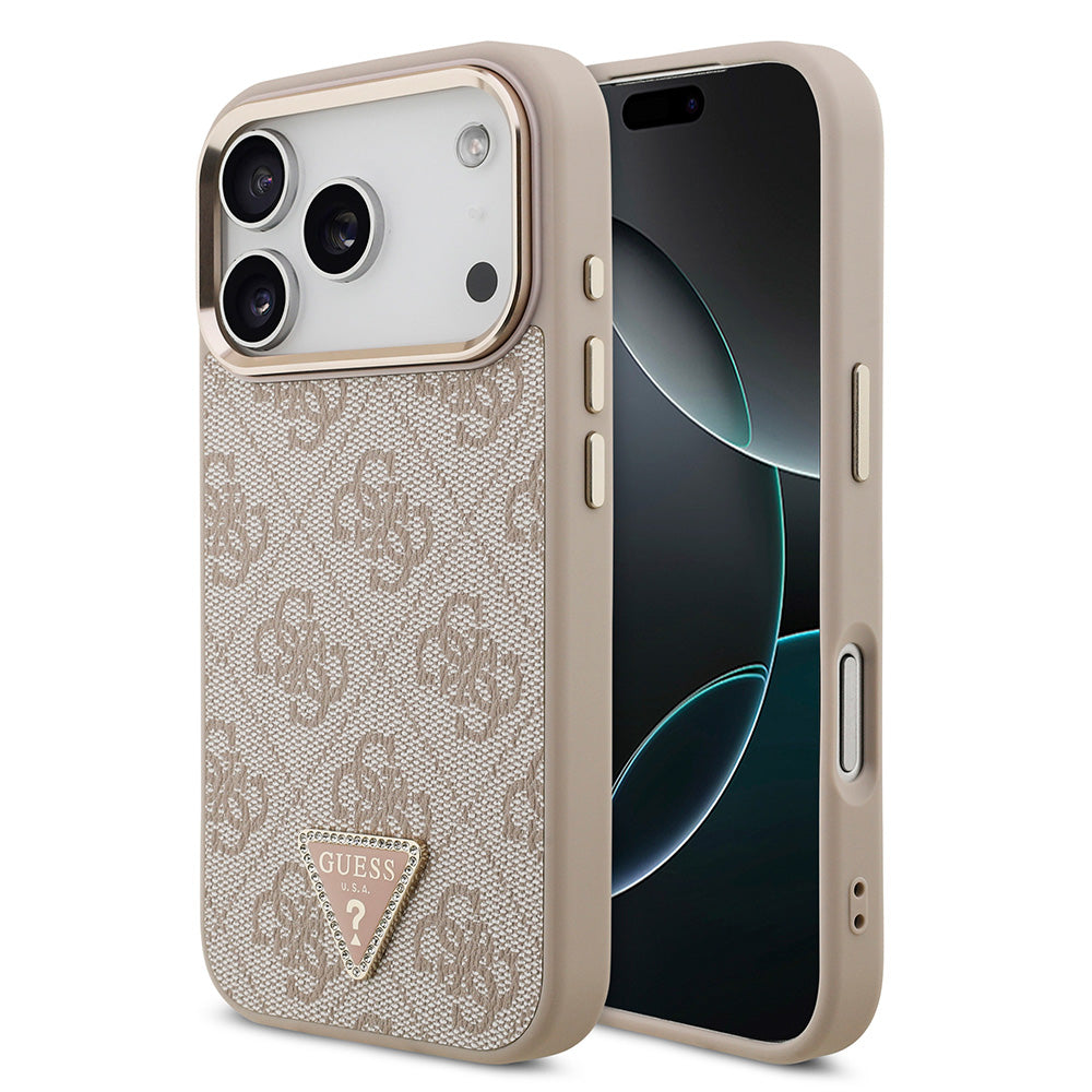 Apple iPhone 17 Pro Kılıf M-Safe Şarj Özellikli Guess Gold Metal Kamera Çerçeveli Taşlı Üçgen Logolu Kapak Pembe