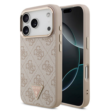 Apple iPhone 17 Pro Kılıf M-Safe Şarj Özellikli Guess Gold Metal Kamera Çerçeveli Taşlı Üçgen Logolu Kapak Pembe
