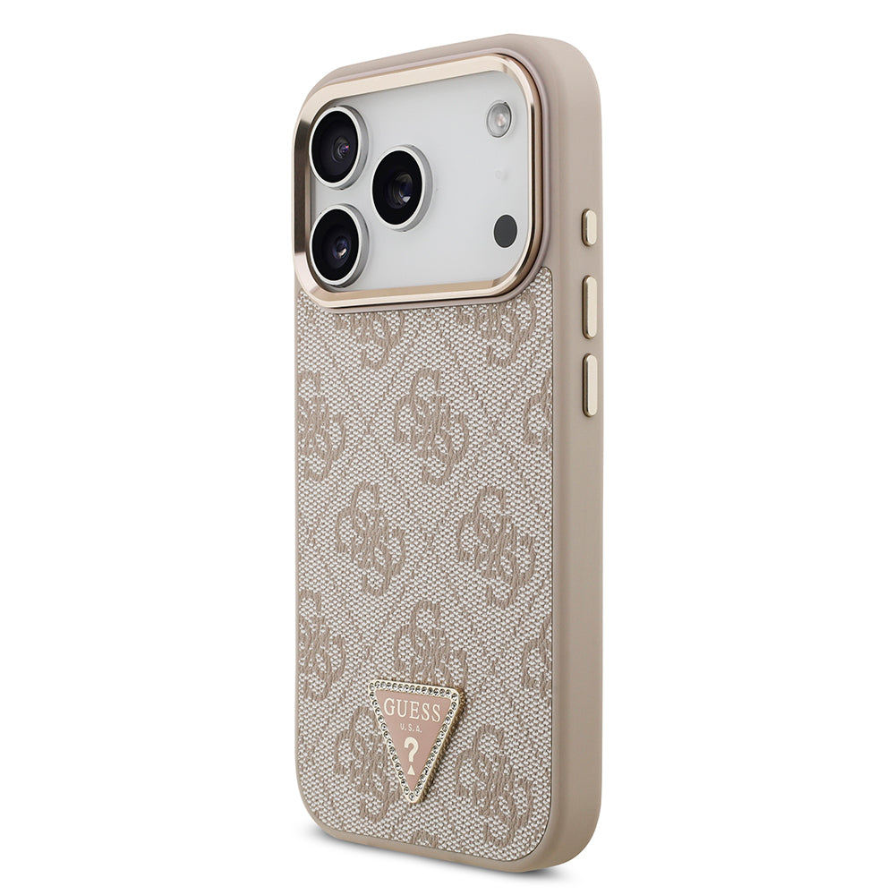 Apple iPhone 17 Pro Kılıf M-Safe Şarj Özellikli Guess Gold Metal Kamera Çerçeveli Taşlı Üçgen Logolu Kapak Pembe