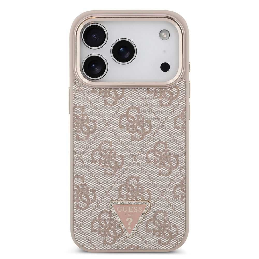 Apple iPhone 17 Pro Kılıf M-Safe Şarj Özellikli Guess Gold Metal Kamera Çerçeveli Taşlı Üçgen Logolu Kapak Pembe