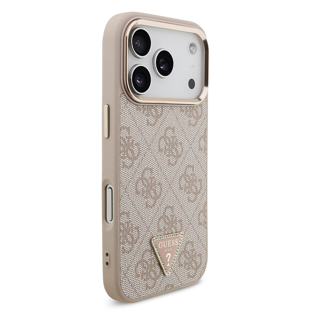 Apple iPhone 17 Pro Kılıf M-Safe Şarj Özellikli Guess Gold Metal Kamera Çerçeveli Taşlı Üçgen Logolu Kapak Pembe