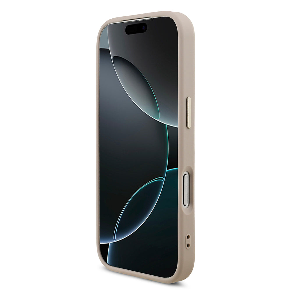 Apple iPhone 17 Pro Kılıf M-Safe Şarj Özellikli Guess Gold Metal Kamera Çerçeveli Taşlı Üçgen Logolu Kapak Pembe