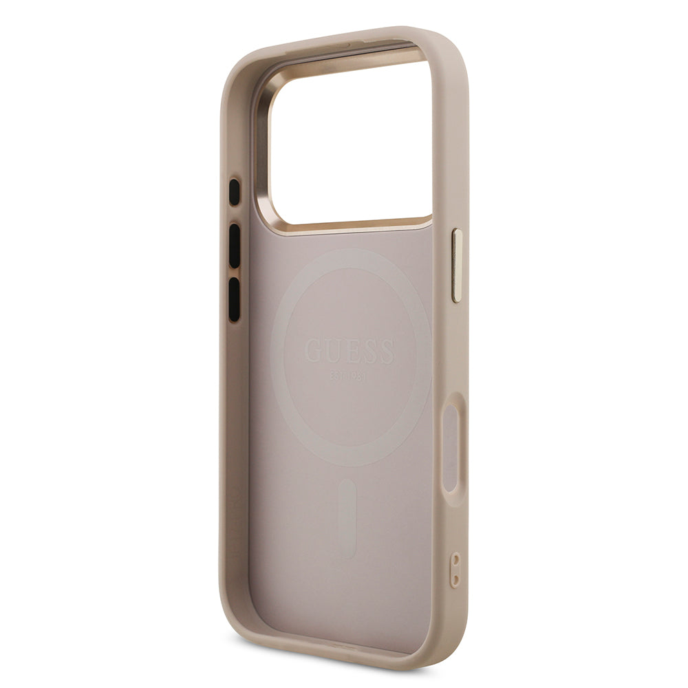 Apple iPhone 17 Pro Kılıf M-Safe Şarj Özellikli Guess Gold Metal Kamera Çerçeveli Taşlı Üçgen Logolu Kapak Pembe