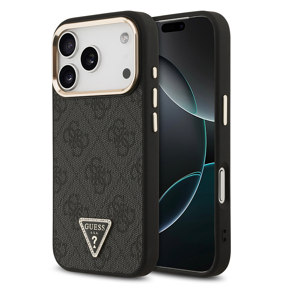 Apple iPhone 17 Pro Kılıf M-Safe Şarj Özellikli Guess Gold Metal Kamera Çerçeveli Taşlı Üçgen Logolu Kapak Siyah