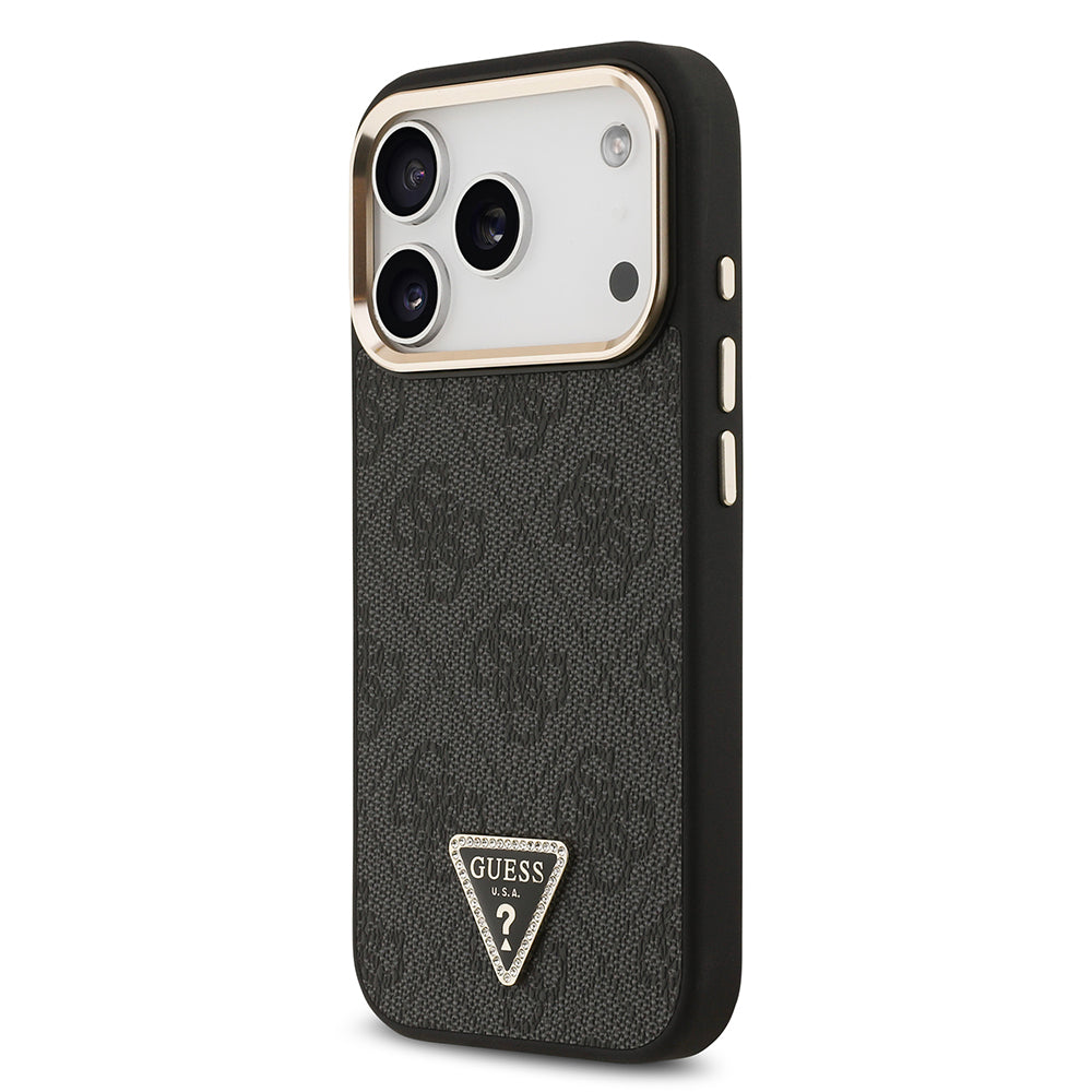 Apple iPhone 17 Pro Kılıf M-Safe Şarj Özellikli Guess Gold Metal Kamera Çerçeveli Taşlı Üçgen Logolu Kapak Siyah