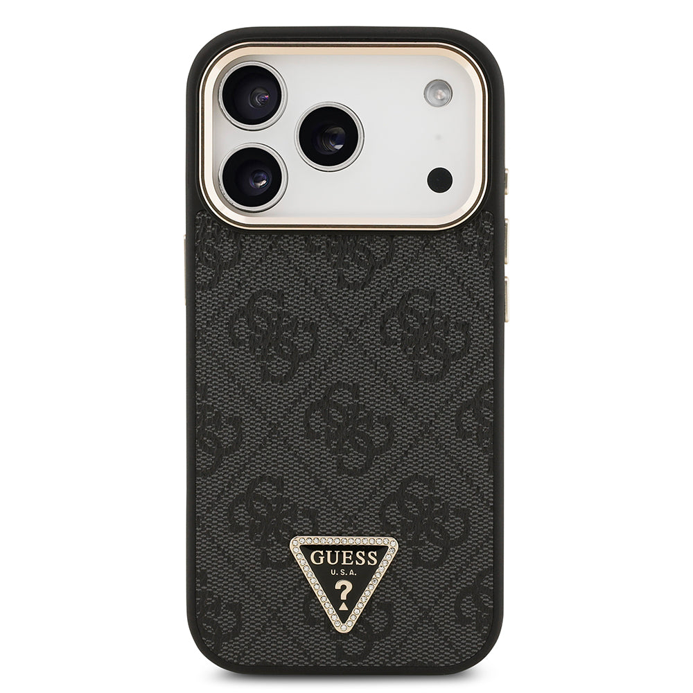 Apple iPhone 17 Pro Kılıf M-Safe Şarj Özellikli Guess Gold Metal Kamera Çerçeveli Taşlı Üçgen Logolu Kapak Siyah