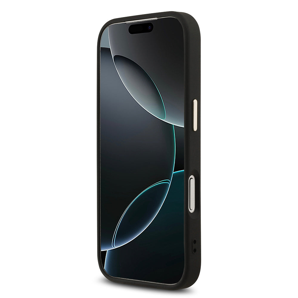 Apple iPhone 17 Pro Kılıf M-Safe Şarj Özellikli Guess Gold Metal Kamera Çerçeveli Taşlı Üçgen Logolu Kapak Siyah