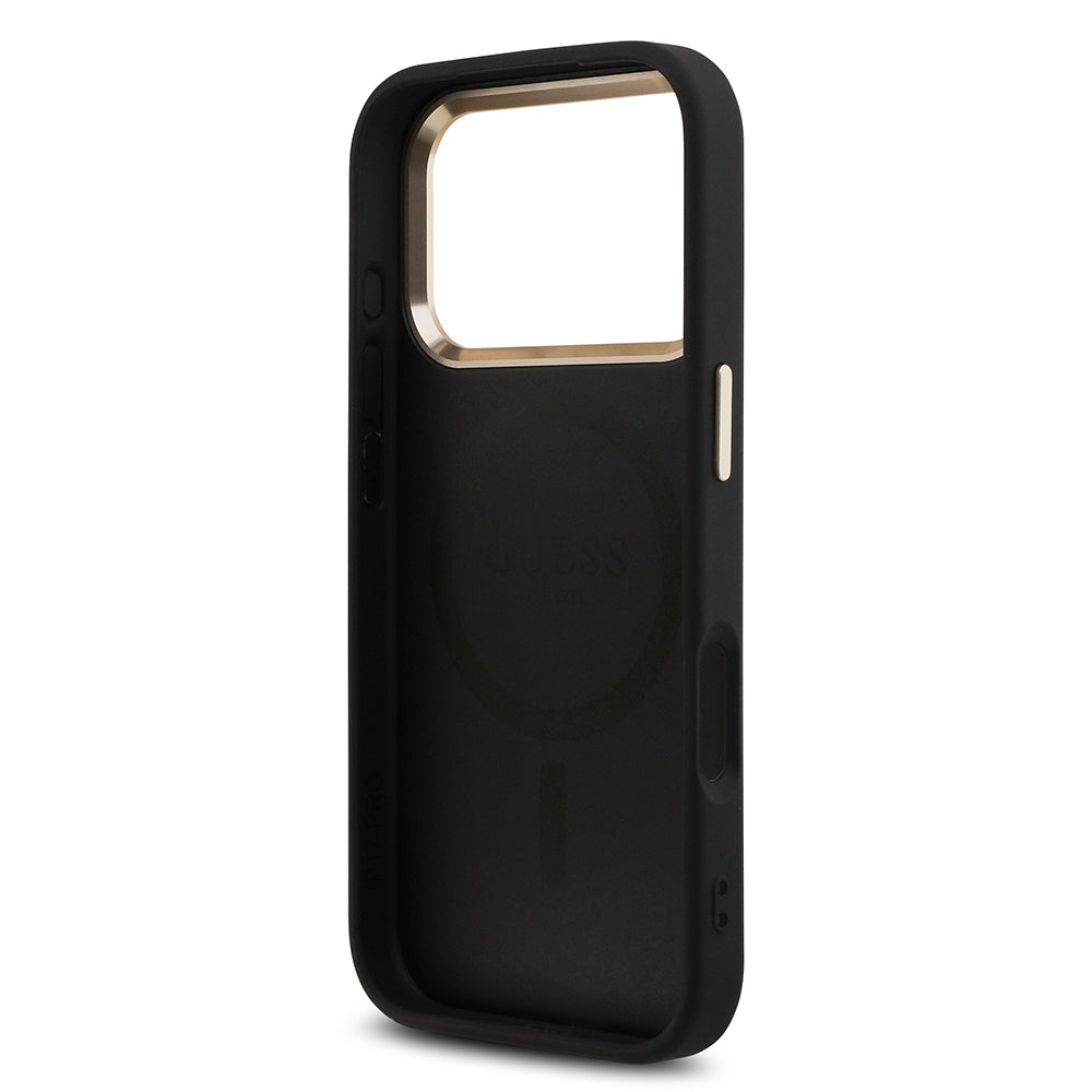 Apple iPhone 17 Pro Kılıf M-Safe Şarj Özellikli Guess Gold Metal Kamera Çerçeveli Taşlı Üçgen Logolu Kapak Siyah
