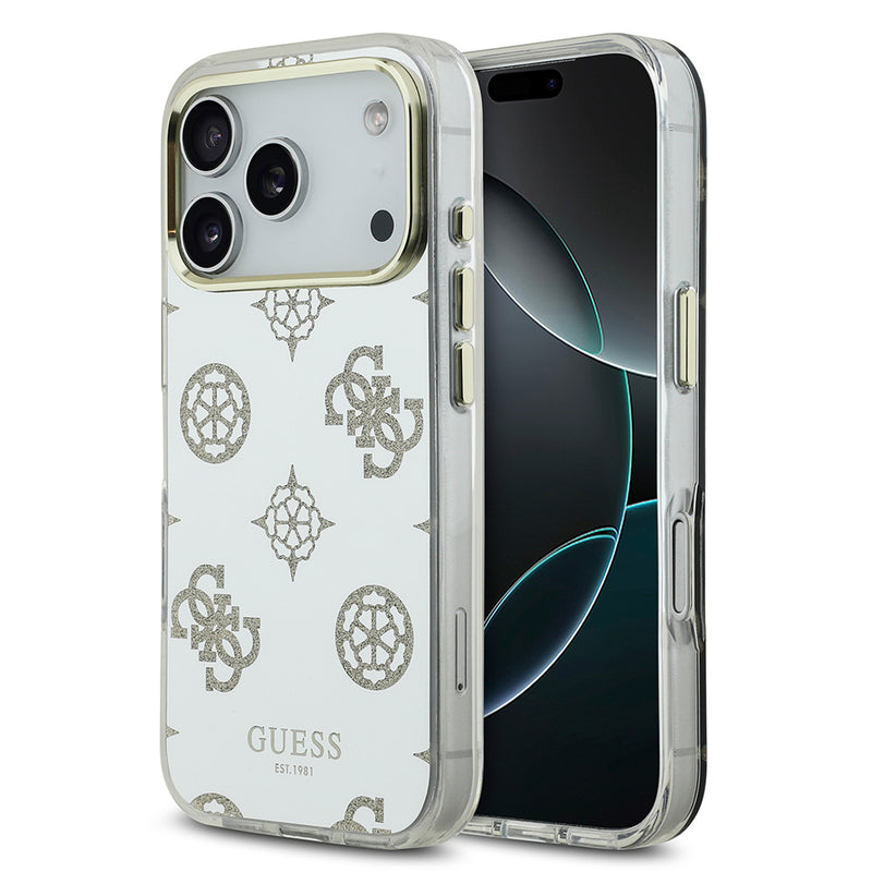 Apple iPhone 17 Pro Kılıf M-Safe Şarj Özellikli Guess Metal Kamera Çerçeveli Peony Simli Aynalı Kapak Gold