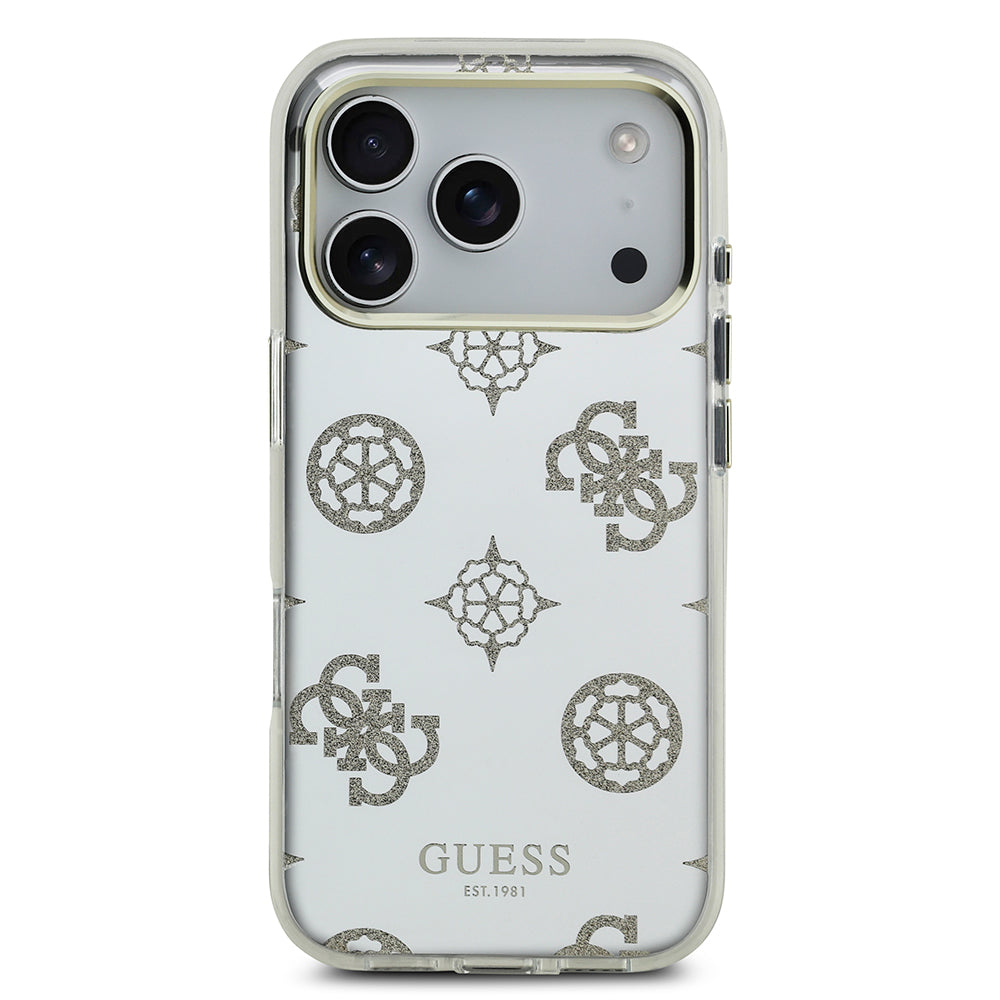 Apple iPhone 17 Pro Kılıf M-Safe Şarj Özellikli Guess Metal Kamera Çerçeveli Peony Simli Aynalı Kapak Gold