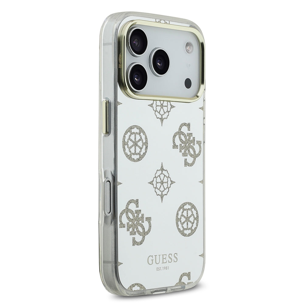 Apple iPhone 17 Pro Kılıf M-Safe Şarj Özellikli Guess Metal Kamera Çerçeveli Peony Simli Aynalı Kapak Gold