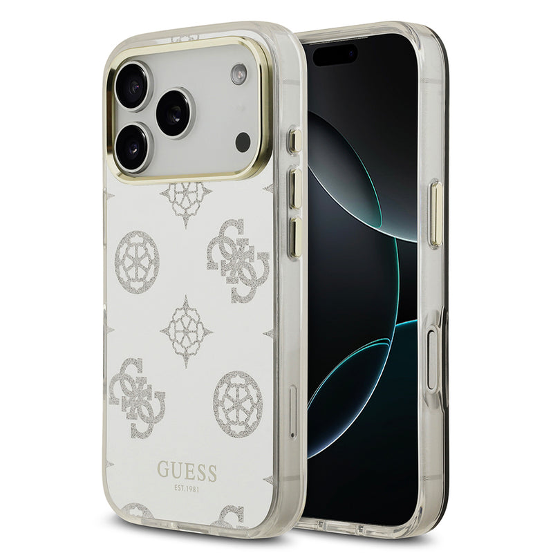 Apple iPhone 17 Pro Kılıf M-Safe Şarj Özellikli Guess Metal Kamera Çerçeveli Peony Simli Aynalı Kapak Gümüş