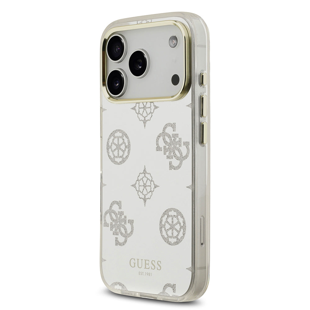 Apple iPhone 17 Pro Kılıf M-Safe Şarj Özellikli Guess Metal Kamera Çerçeveli Peony Simli Aynalı Kapak Gümüş