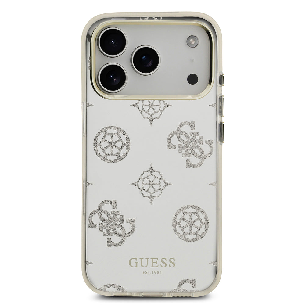 Apple iPhone 17 Pro Kılıf M-Safe Şarj Özellikli Guess Metal Kamera Çerçeveli Peony Simli Aynalı Kapak Gümüş