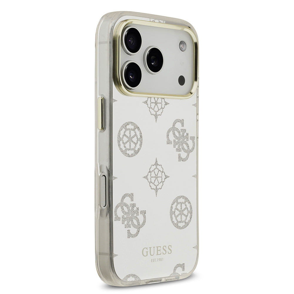 Apple iPhone 17 Pro Kılıf M-Safe Şarj Özellikli Guess Metal Kamera Çerçeveli Peony Simli Aynalı Kapak Gümüş