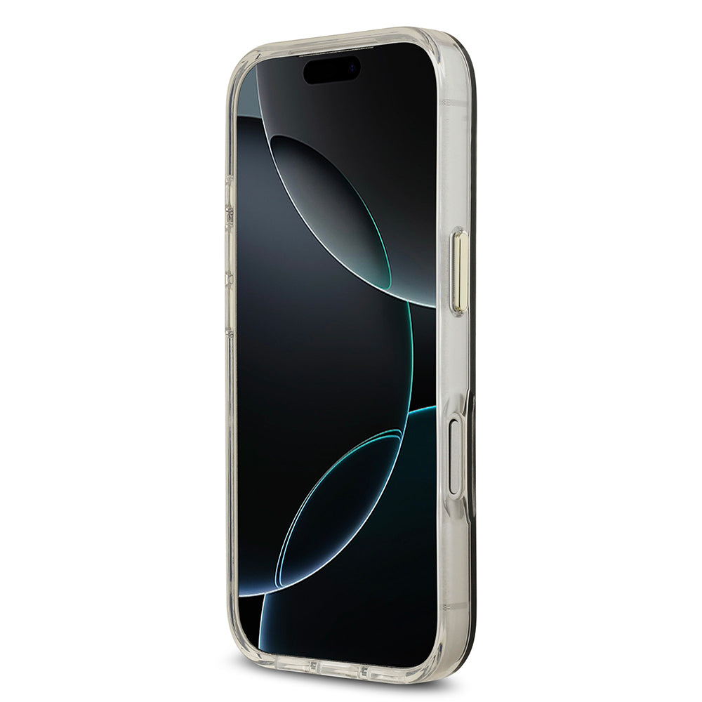 Apple iPhone 17 Pro Kılıf M-Safe Şarj Özellikli Guess Metal Kamera Çerçeveli Peony Simli Aynalı Kapak Gümüş