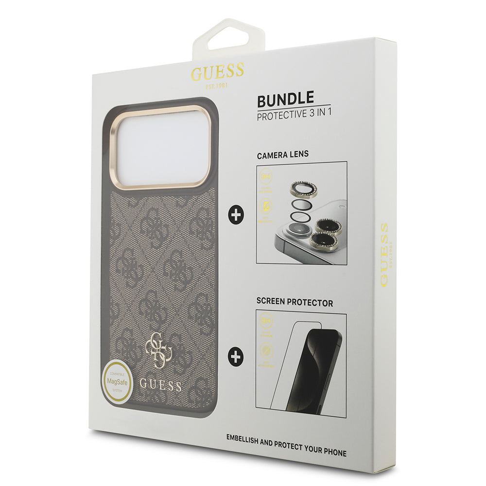 Apple iPhone 17 Pro Max Guess 3'lü Aksesuar Seti 4G ve Yazı Logolu Kılıf Ekran ve Lens Koruyucu Kahverengi